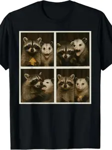 Funny Possum and Raccoon Photobooth Selfie Trash Feral T-Shirt| 2026 Summer Short-Sleeved Printed, Crew Neck, Pure 180G, All-Season, Vintage Style, Regular Fit