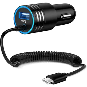 Android Car Charger Fast Charging Cord Type C 3.4A USB C Cigarette Lighter Adapter with Coiled C Cable for Samsung Galaxy S24 S23 S22 S21 S20 Z Flip 6 5 4 3 Z Fold 6 5 4 3 A06 A15 A54 A14 A53 A23 A13