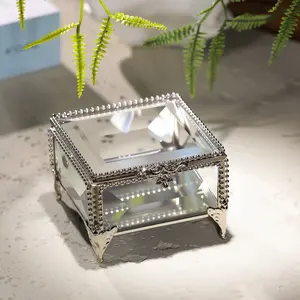 Slanted Transparent Glass Jewelry Box, Vintage Jewelry Storage Box, Ring Display Case Home Decor Ornament, 3.3x3.3x2.3 Inches