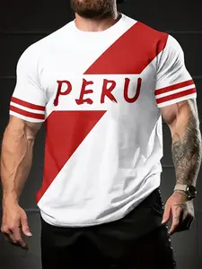 Peru National Team Theme T-Shirt, Striped Short Sleeve, Summer Men's Breathable Casual Top, Quick Dry Fabric, Fitness Sportwear