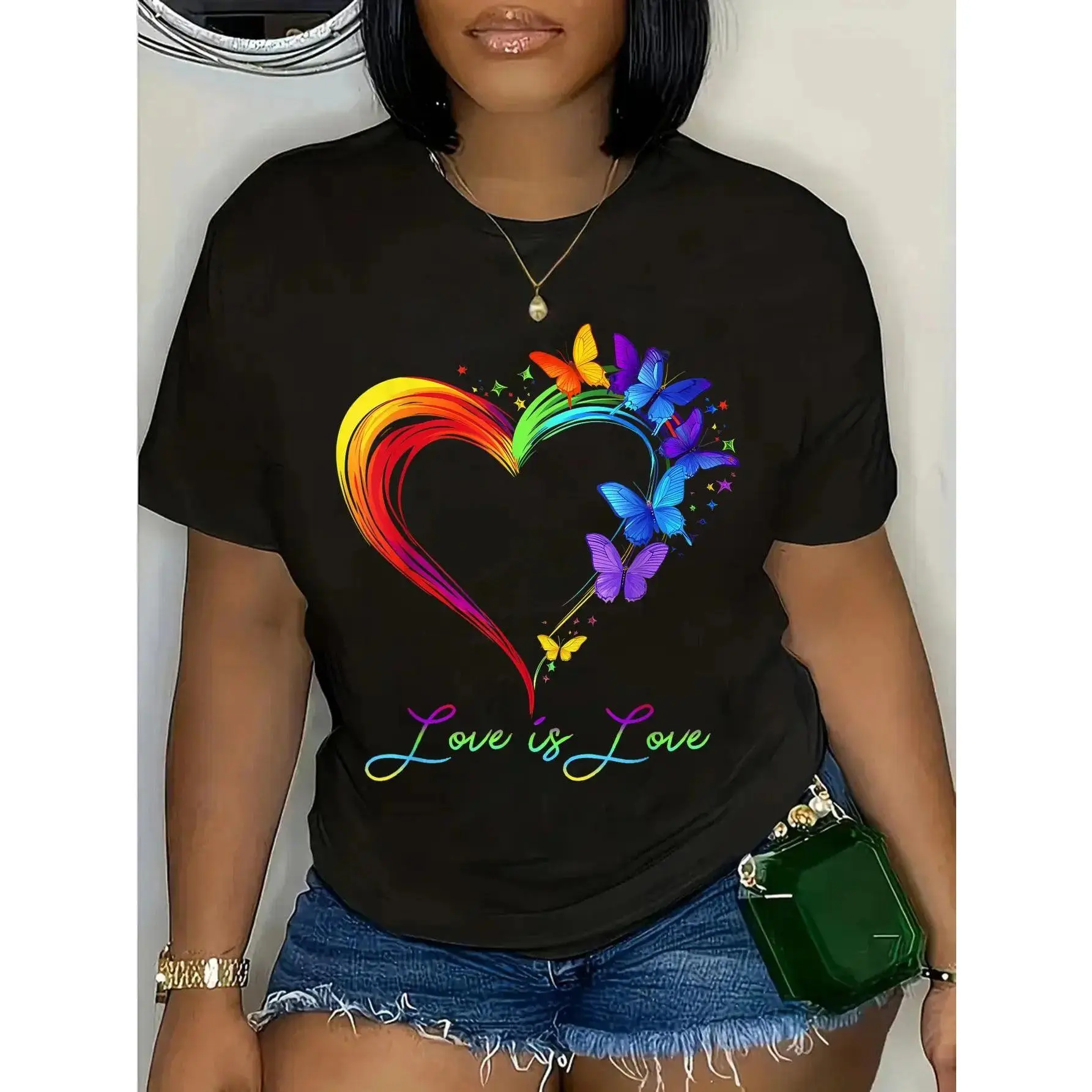 100% Cotton Rainbow Love Is Love LGBT Gay Lesbian Pride Butterfly Heart T-Shirt