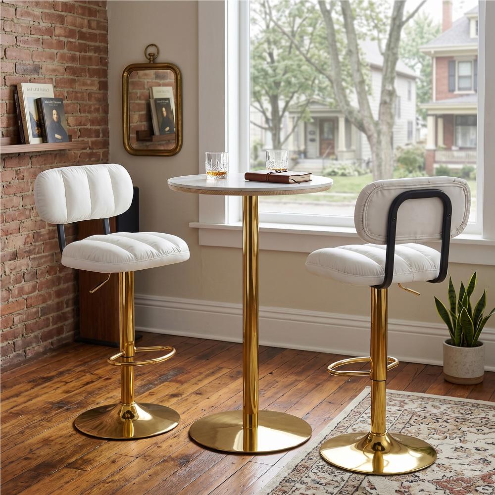Adjustable Bar Height Set, Round White Marble Pub Table with Gold Chrome Leg & 2 Black Padded PU Leather Bar Stools with Swivel Function, Bistro Set for Small Spaces Adjustable Bar Height Set, Round White Marble Pub Table with Gold Chrome Leg & 2 Black Padded PU Leather Bar Stools with Swivel Function, Bistro Set for Small Spaces