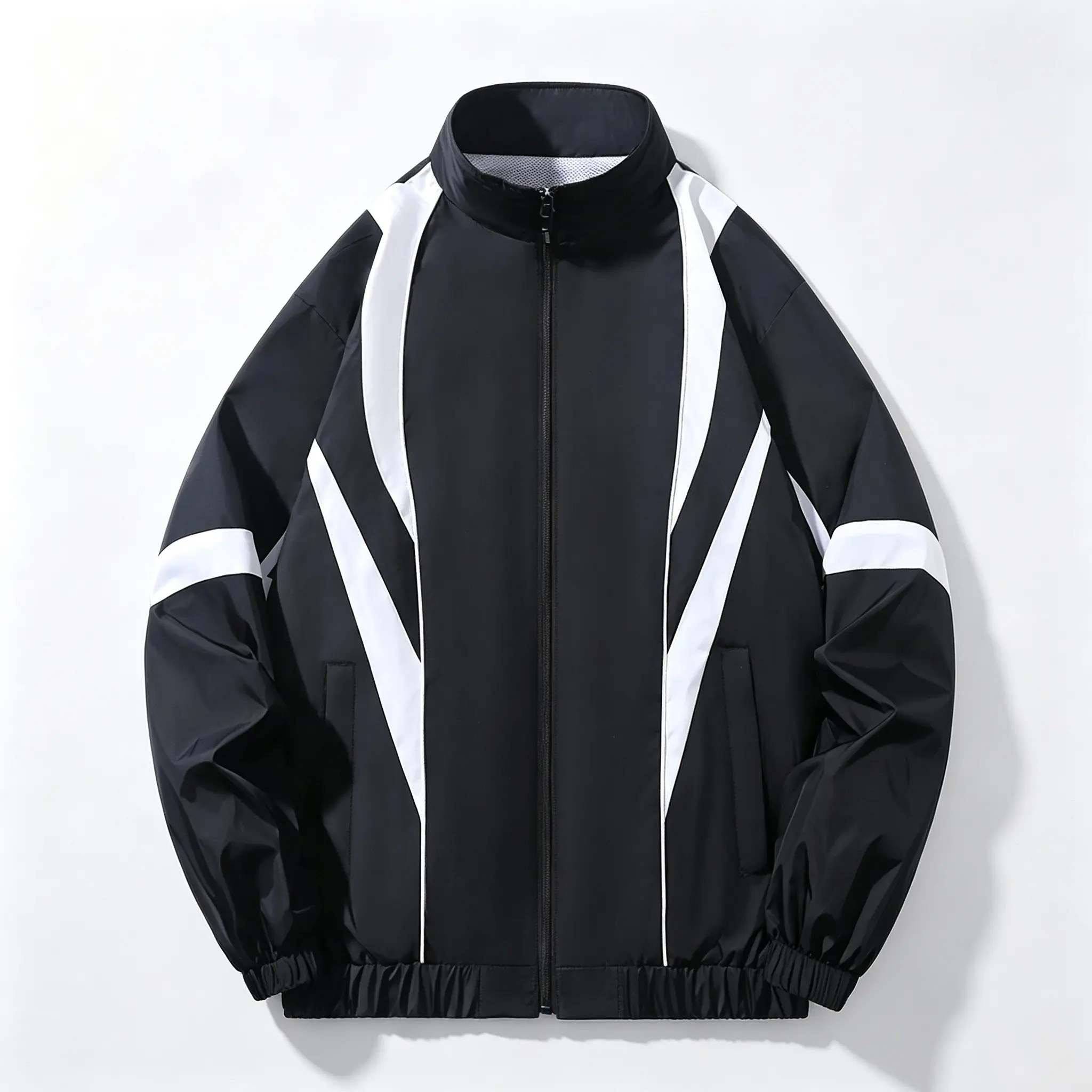 Contrast Striped Stand Collar windproof jacket For Men Full Zip Front Mesh Lining Elastic Cuff Hem Lightweight Retro Athletic Skater Daily Street Jacket