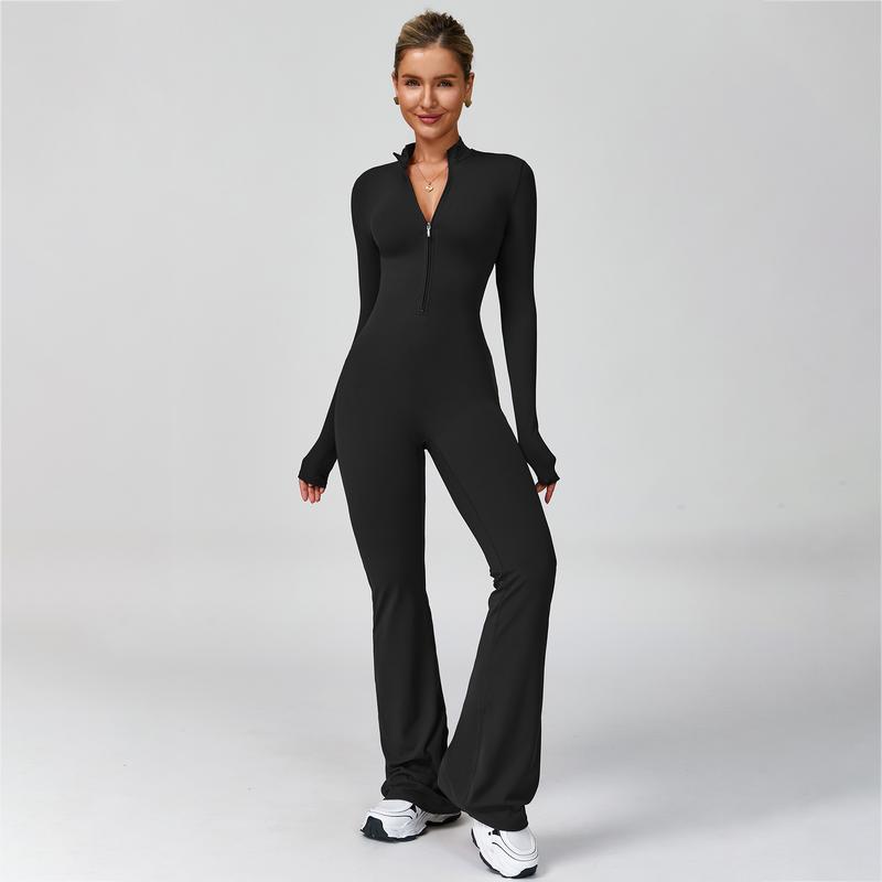 Women's Long Sleeve Flared Sports Jumpsuit - Zipper Jumpsuit, Wide Leg body suit, Sexy One-Piece Yoga Jumpsuit, Fitness Activewear for the Gym, Pilates, Casual or Street Wear, Tennis Skirt with Shorts and Tie-Front Activewear sporty yoga set
