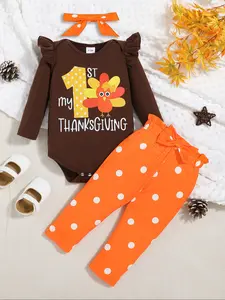 Baby Girl Thanksgiving Theme Set, Turkey Print Romper, Polka Dot Bow Pants, Hairband Three-Piece, Autumn Winter