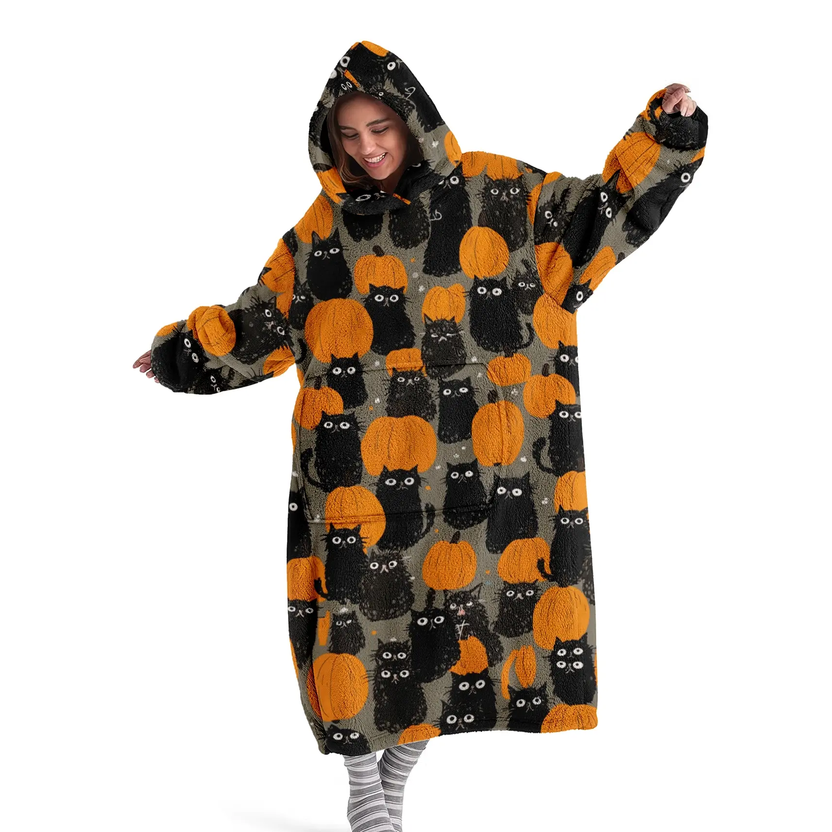 Cat Pumpkin Hooded Blanket, Cozy Hooded Blanket, Soft Warm Throw for Sofa Bed Office Camping Travel, Halloween Christmas Gift, Blanket Gifts, Large Size