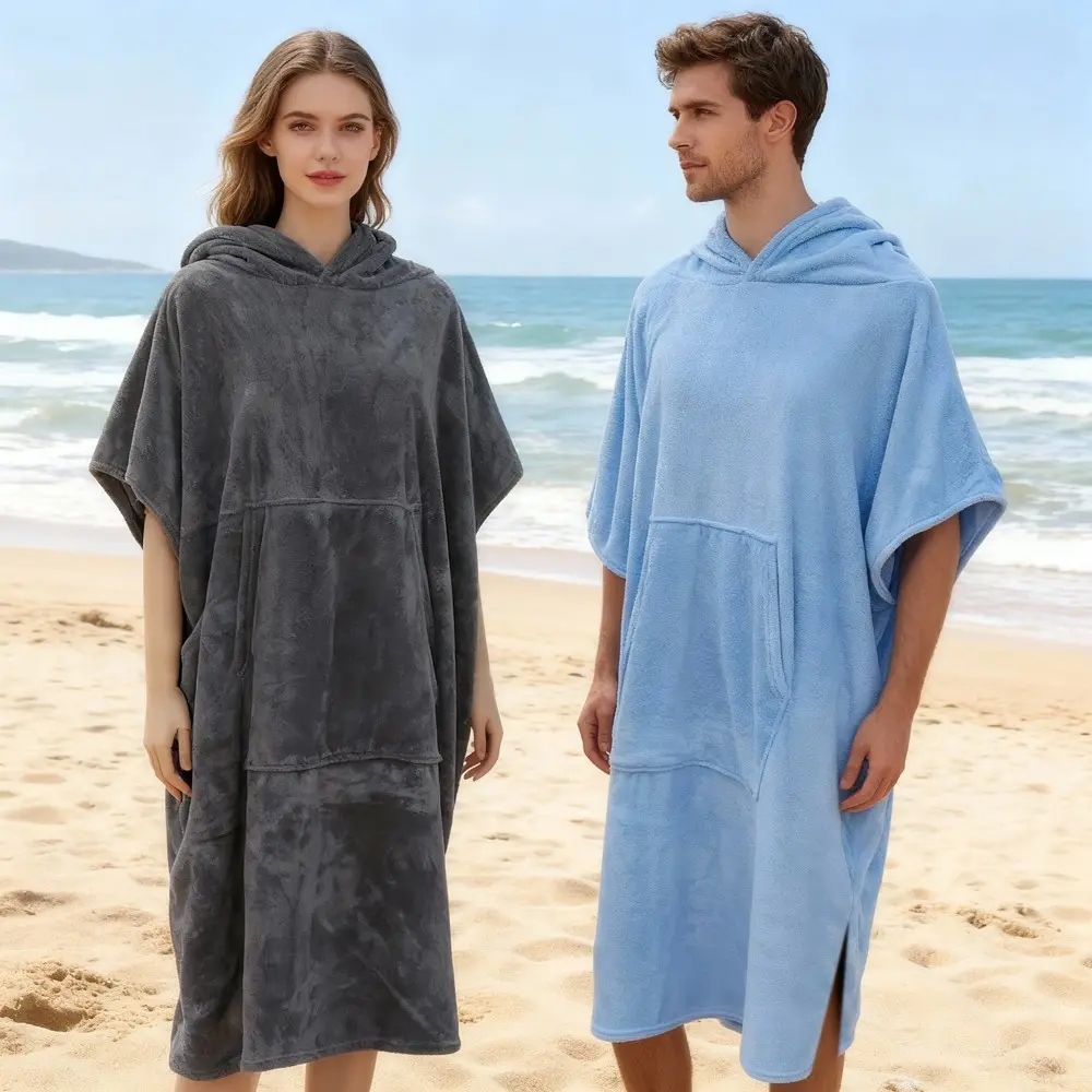 Hooded Beach Poncho for Adults – Quick Dry Microfiber Surfing Changing Robe for Couple, Absorbent Towel Poncho for Swimming Pool Spa, Wearable Bath Towel, Compact Travel Cape, Hands Free Sports Towel, Essentials