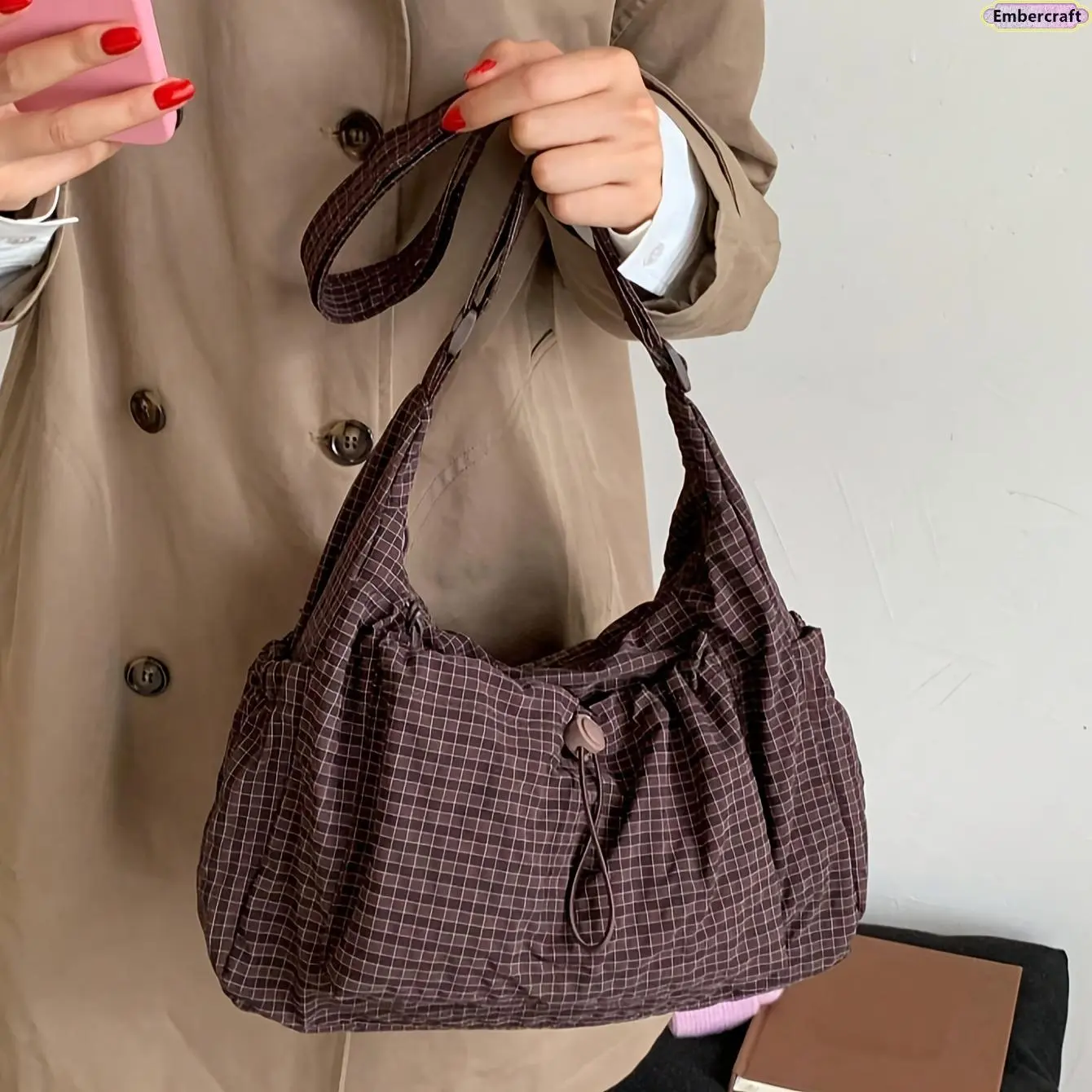 Women's Large-Capacity Checkered Foldable Tote Bag - Casual Trendy Everyday Bag with Multi-Pockets, Zipper for Daily Use, Travel, Casual Trendy Bag