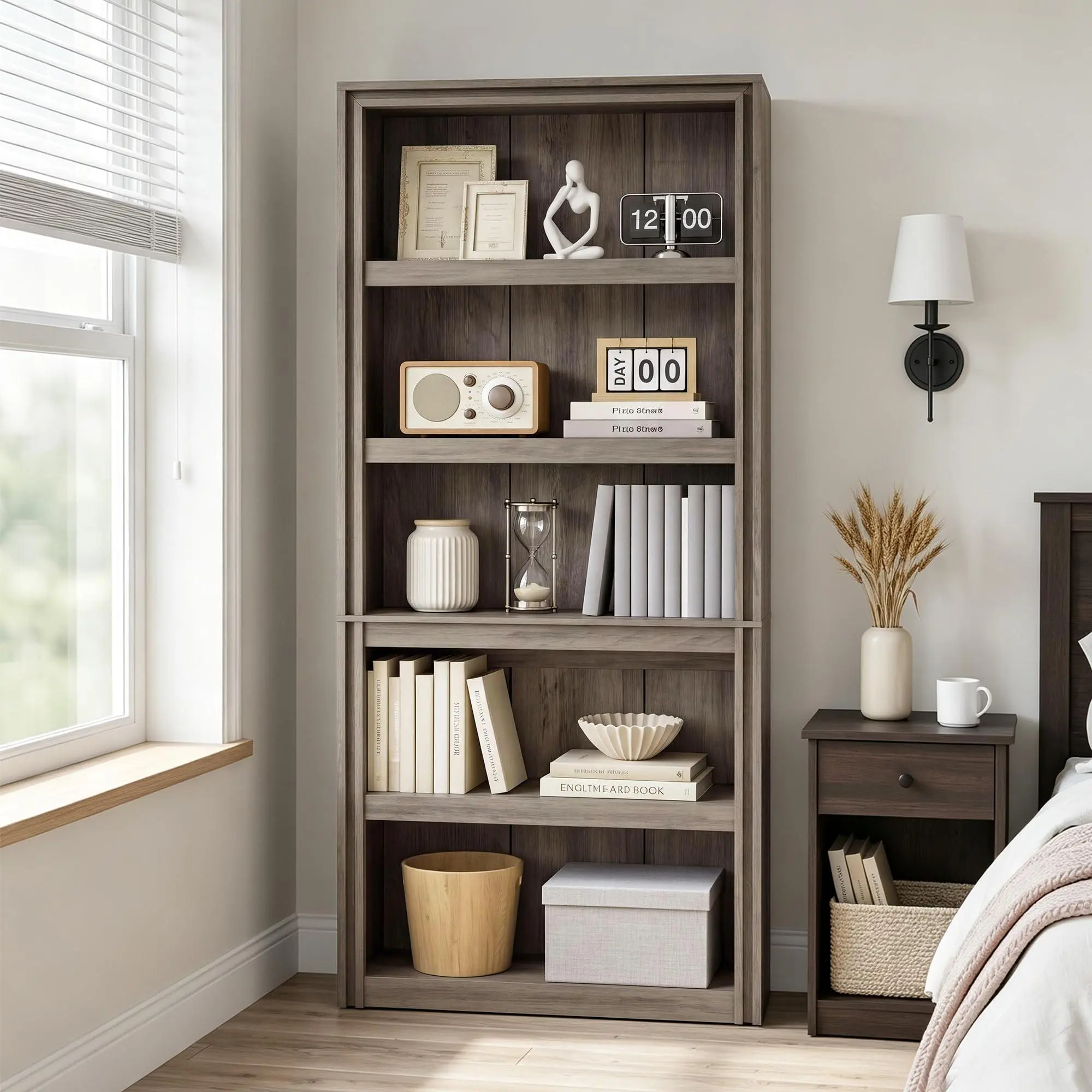 71" 5 Tier Farmhouse Book Shelves Library Bookshelf with Storag,Anti Tipping for Living Room & Home Office, Modular Book shelf with Doors Unique Card Slot Design Open Shelves Bookcase