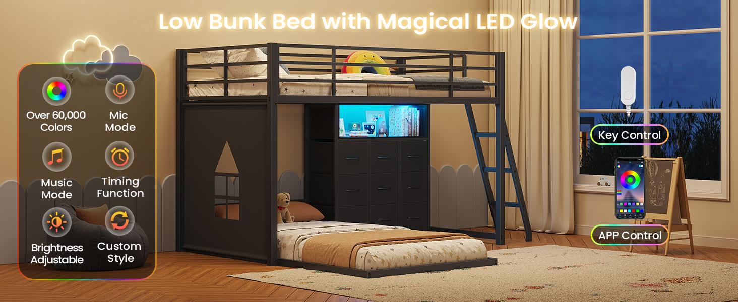 Hasuit Twin Over Twin Bunk Bed with 9 Storage Drawers, Twin Bunk Beds for Kids with LED Lights and Charging Station