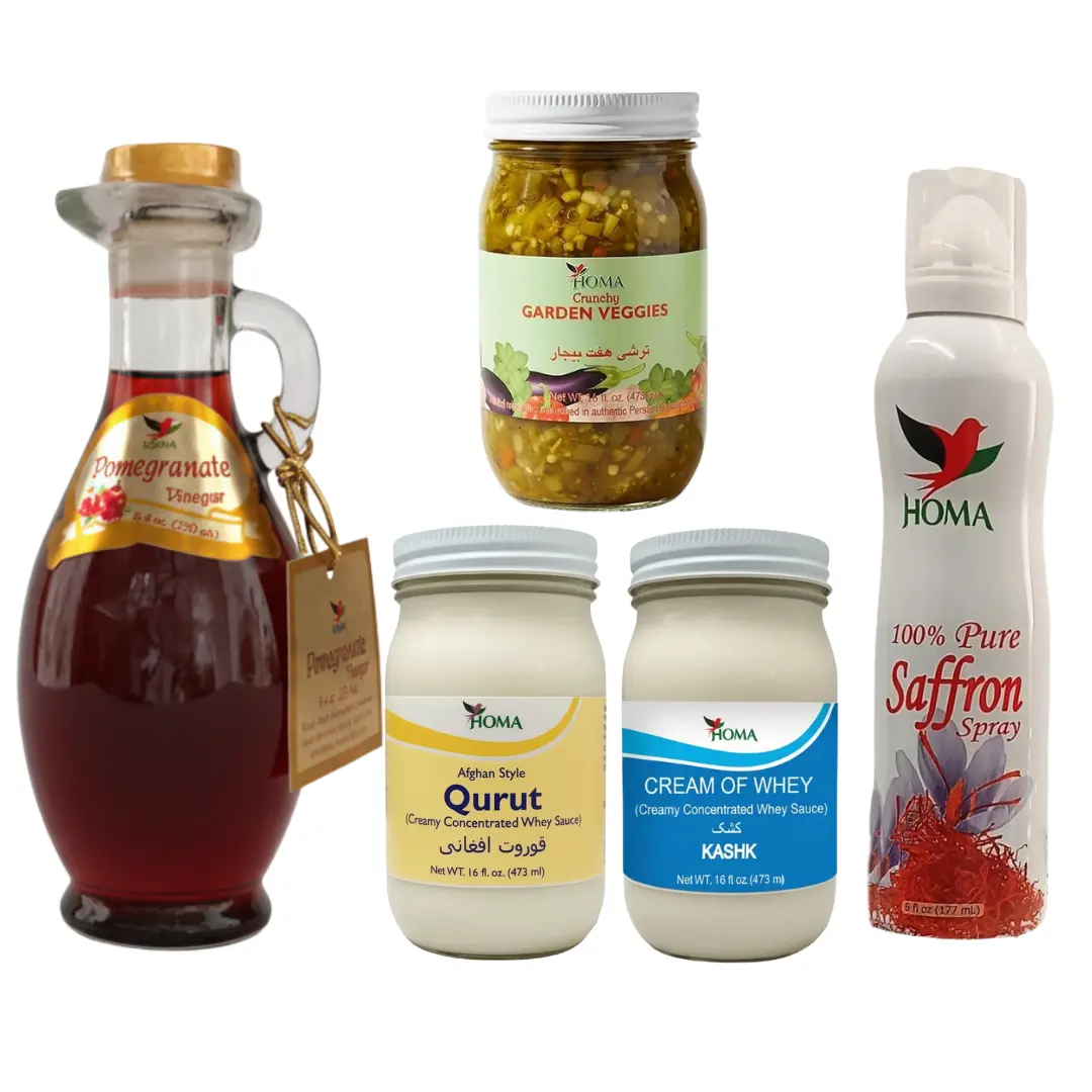 HOMA Legacy Box – Kashk, Qurut & Garden Veggies 16oz, Pomegranate Vinegar 8.4oz & Saffron Spray 6oz – Premium Middle Eastern Cooking & Seasoning Gift Set