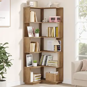 LITTLE TREE 6 Tier Corner Bookshelf, 64.9 Inches Tall L Shaped Bookcase with Anti-Drop Panel, Freestanding Wood Grain Shelf Display Rack Storage Organizer for Home Office (Light Brown)