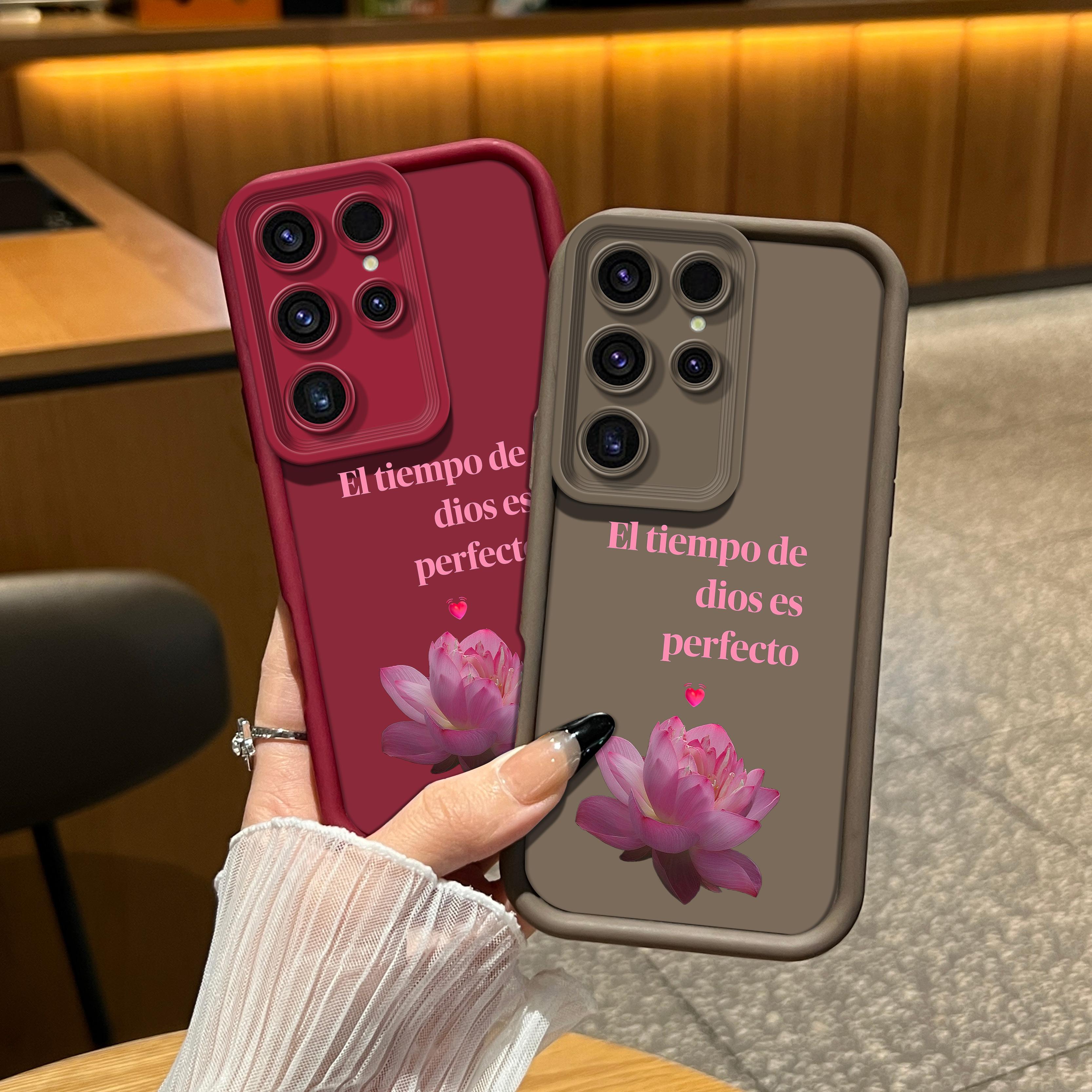 Elegant Lotus Design Lanyard Phone Shell El Tiempo De Dios Es Perfecto for iPhone Samsung 17Pro Max Air 16 15Plus 14 13 12 11 XR XS Galaxy S25 S24 S23 S22 A71 A56 A55 A54 A53 A52 Luxury Matte Texture Religious Birthday Gift For Her .NN131