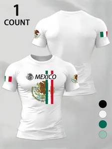 Men's Round Neck Short Sleeve Cultural Shirt with Mexico Text, Mexican Coat of Arms & Flag Print, Casual Fitted Top for All Seasons