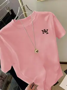 Women's Creative Iron-On Print T-Shirt, Fitted & Slight Stretch Design, Ideal for Everyday Casual Streetwear Style, Suitable for All Seasons, Womenswear