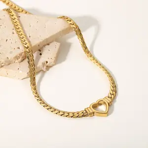 Trendy Stainless Steel Flat Chain Necklace with Hollow Out Heart Pendant & Matching Bracelet Set for Women