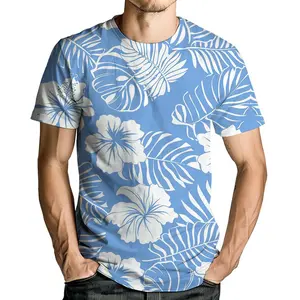Unisex Blue & White Tropical T - Shirt with Hibiscus Flowers & Palm Leaves - Ideal for Hawaiian Luau, Beach Vacations, Summer Gatherings & Casual Daily Wear for Adults