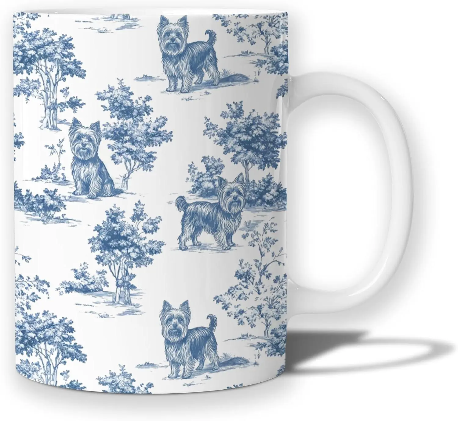 Chinoiserie Yorkie Gift Mug 11 oz, Yorkshire Terrier Gifts Ceramic Coffee Tea Cup, Yorkie Gifts for Women, Blue Toile Dog Coffee Mug for Office Home Work