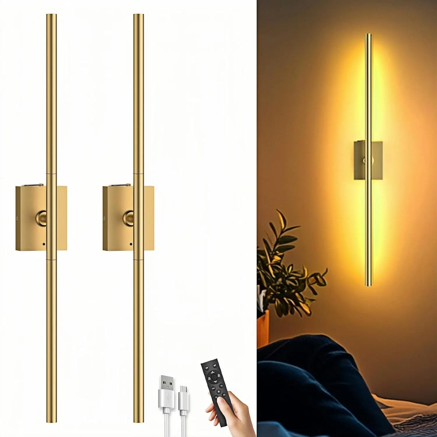 Summer Vibes Gold Cordless Rechargeable Wall Sconces Set of 2, Upgrade 10000mAh | Modern | Dimmable | Remote Control for Bedroom,Living Room,Hallway Lighting