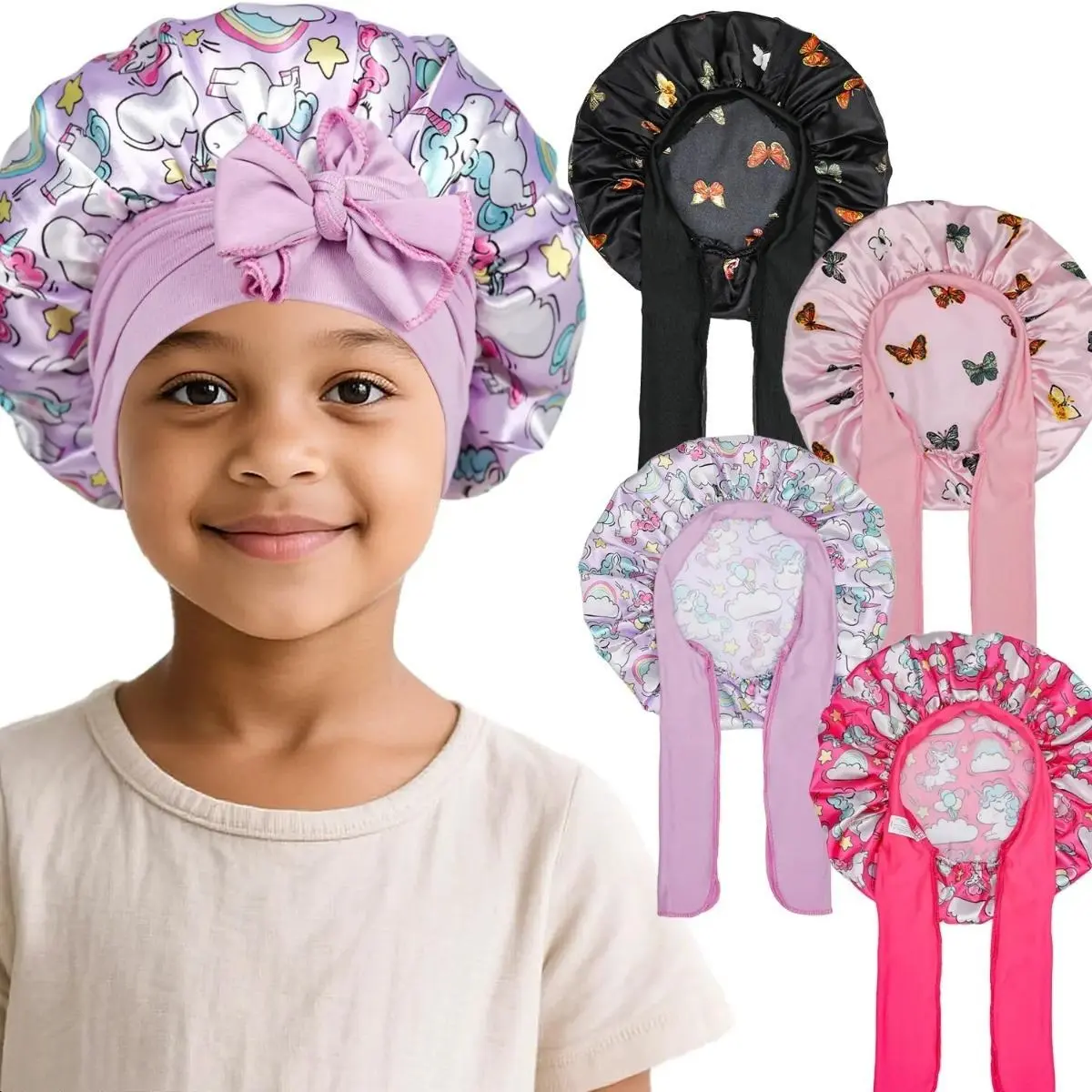 Kids Heatless Soft Satin Haircare Bonnet - 1-Size-Fits-All Printed Sleep Cap with Tie Strap, Unicorn Print, Flowy Ribbon, Stretchy Reusable for Night Sleep, Bath Time (Bag Accessory for Luggage & Bags) tiktokshopbacktoschool