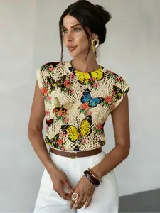 Butterfly Floral Print Round Neck Sweater, Casual Sleeveless Knitwear for Spring Summer Fall, Comfortable Warm Women's Clothing, Knit Tops