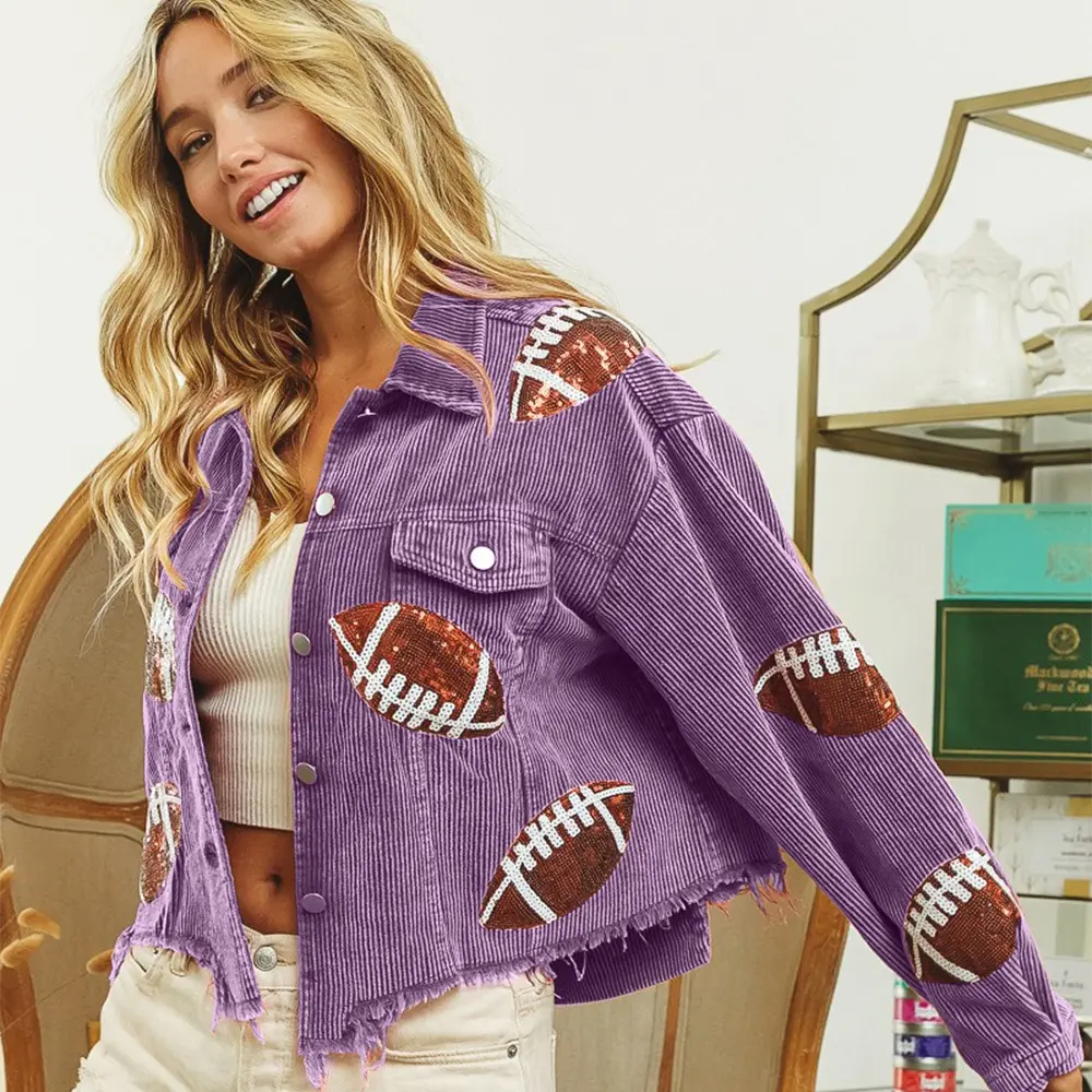 BiBi Football Sequin Embroidery Washed Corduroy Jacket