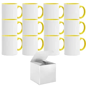 12-Piece Set of 11oz Yellow Inner & Handle Sublimation Mugs with Included Mug Gift Boxes