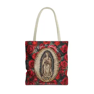 La Virgen De Guadalupe Bag With Red Roses and Biege Handle Tote Bag (AOP) Small, Medium, and Large, Religious Bag, Art By Ambrosio Sanchez