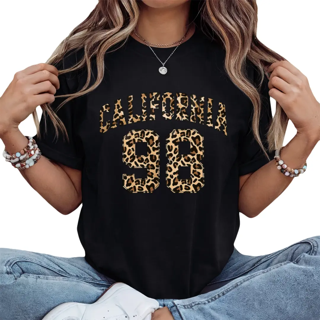 California 98 Leopard Print Graphic Tee Women Plus Size Retro Cheetah Shirt