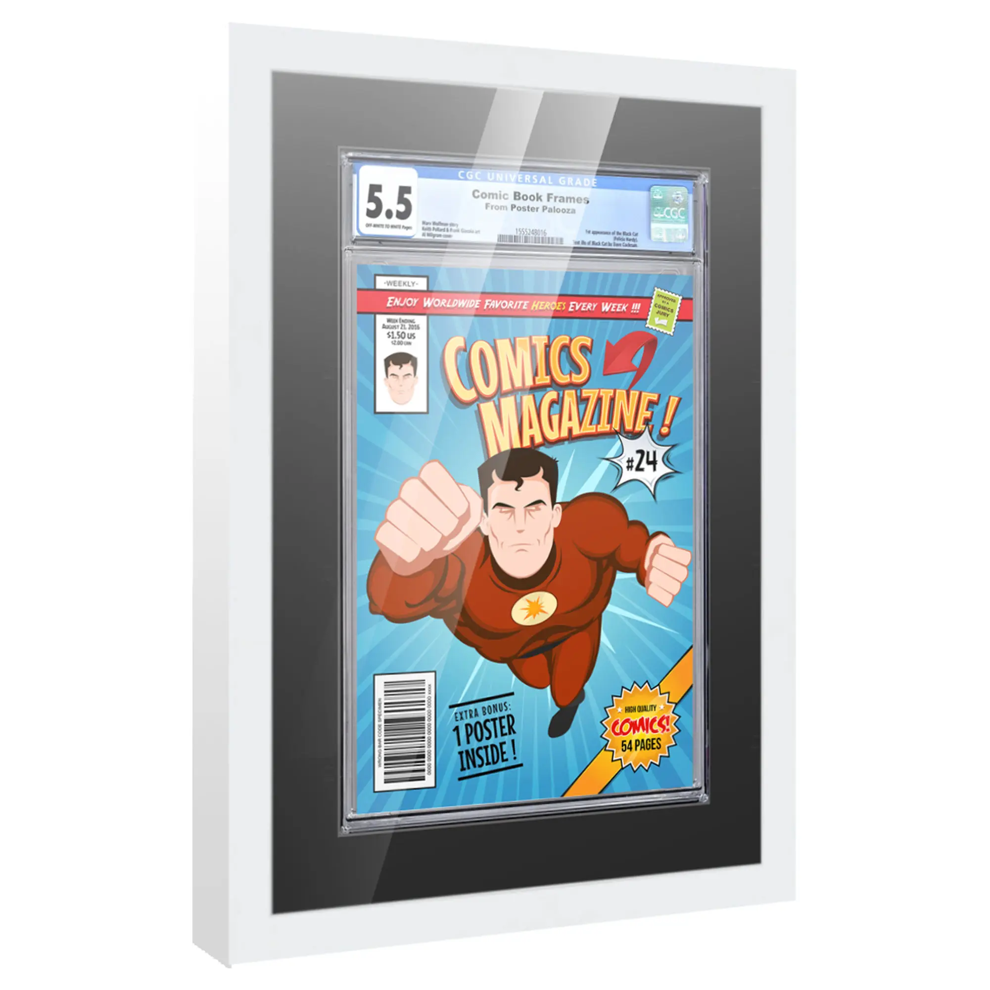 Comic Book Frame with Mat for 1 Graded Comic - White Wood Comic Frame With Black Mat for 8.125x13 Comic - 12x17 Frame Size