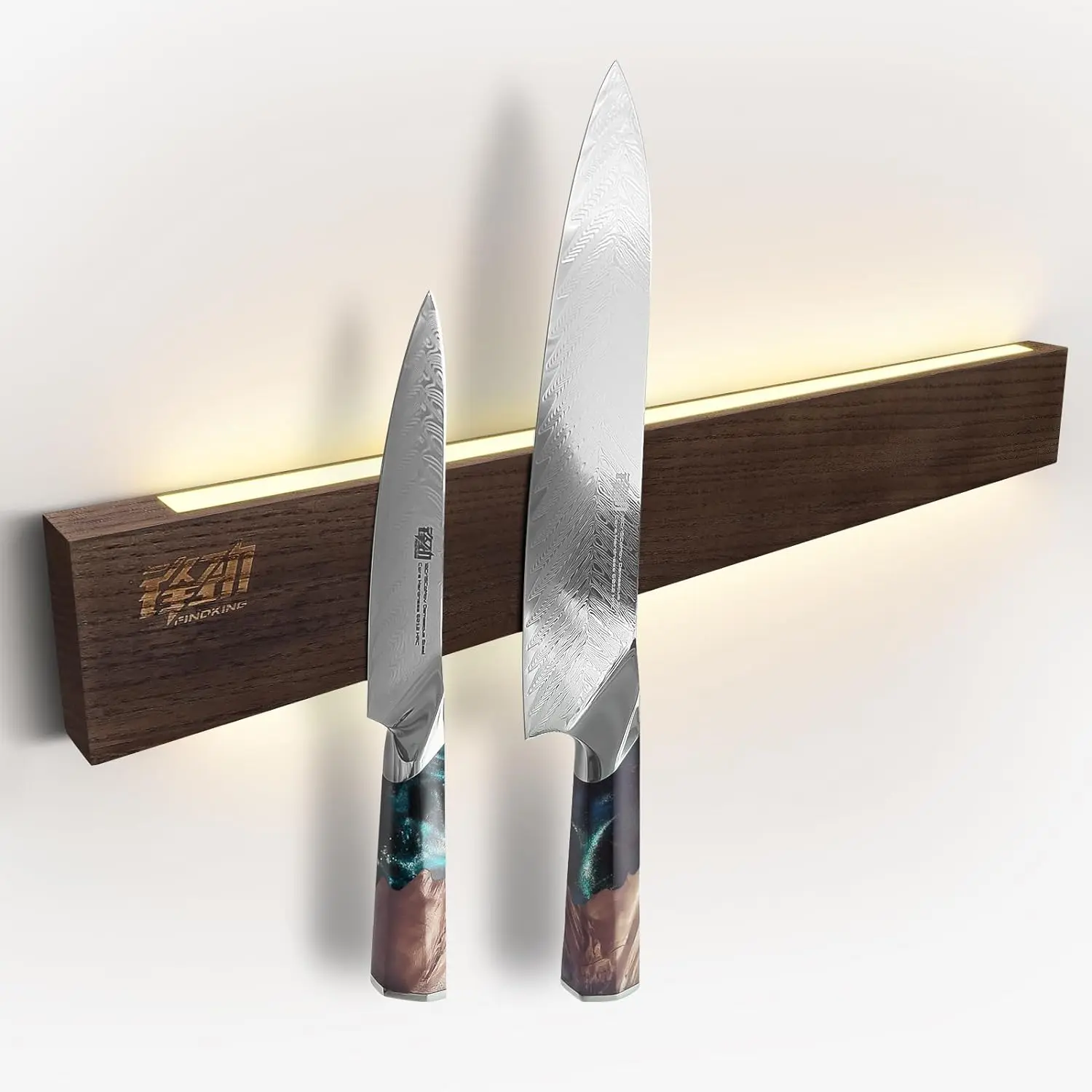 FINDKING Sturdy Stylish Lighted Neodymium Magnet Knife Holder - 16/18in Dark Brown Ash Wood Kitchen Storage, No-Drill Wall-Mounted Durable Rack for Knives/Utensils, Backlit LED for Wall/Refrigerator