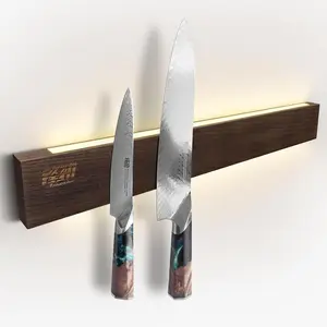 FINDKING 16, 18 Inches Lighted Magnetic Knife Strip, Backlit LED Utensil Holder for Wall and Refrigerator, Magnet Knife Rack for Home Kitchen, No Drill (Ash Wood, Dark Brown)