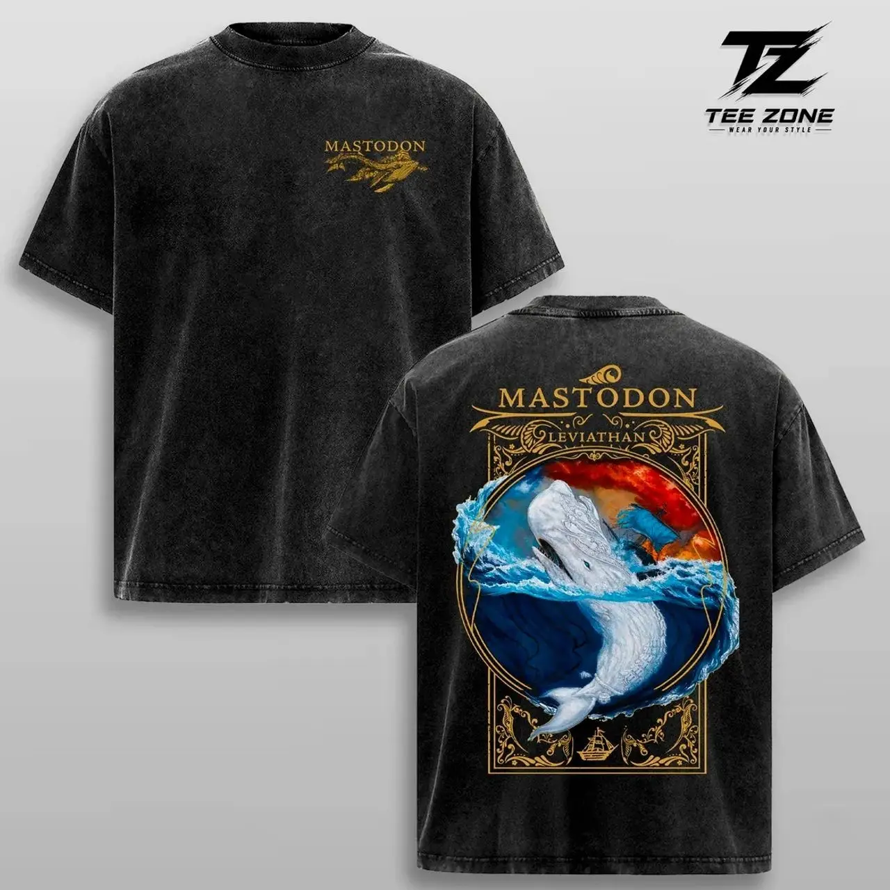 Mastodon Leviathan Acid Wash Oversized Heavyweight Cotton Graphic T-Shirt Vintage Progressive Metal Concert Merch Streetwear 7TN