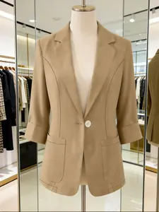Plus Size Women's Plain Thin Chic Fashion Jacket, Classic Lapel Design, Dual Pockets, Suitable for Spring Summer, Daily Commute Outdoor Wear