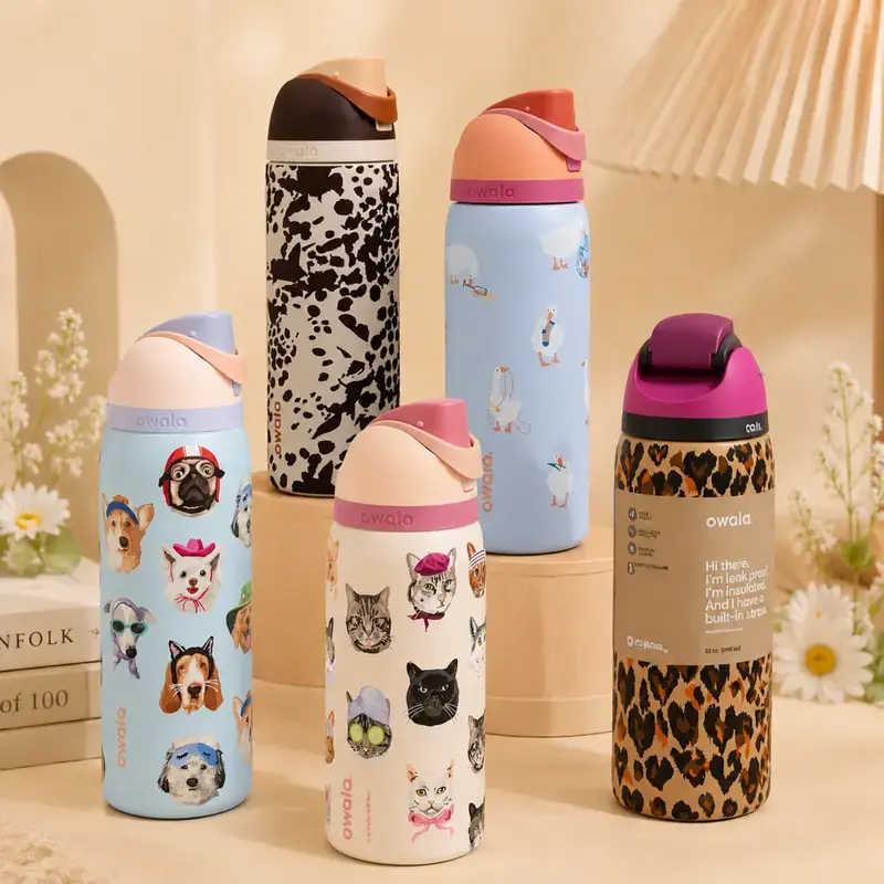 Owala FreeSip 24oz Insulated Water Bottle with Built-in Straw, Leakproof Stainless Steel Sports Bottle, Cute Animal Print Tumbler for Gym, School & Travel