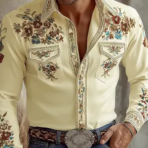 Men’s fashion Western-style floral print button shirt featuring a unique design that exudes a stylish casual look. A versatile adult casual wear piece for all seasons, made from polyester fabric. Suitable as a gift and ideal for travel; available as a top