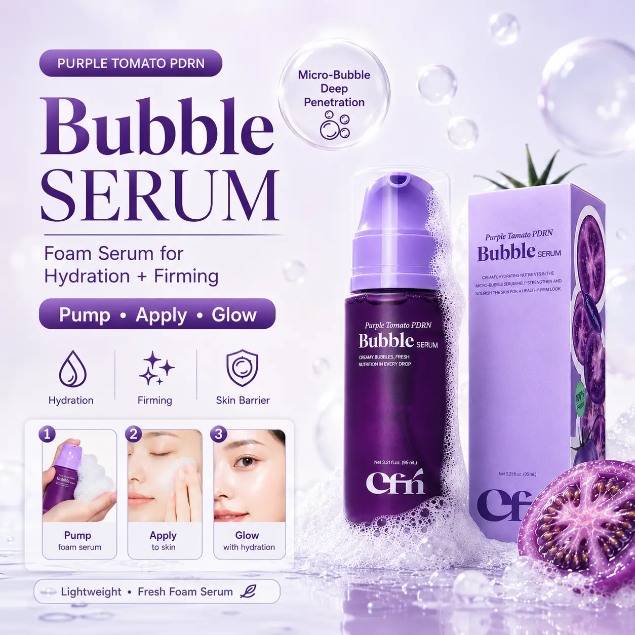CFN Purple Tomato PDRN Bubble Serum 95ml, K-Beauty Vegan Anti-Wrinkle Functional Serum with Purple Tomato, Plant-Based PDRN, 10 Hyaluronic Acid & LHA, Hydrating Glow Serum for Makeup Prep backtoschool