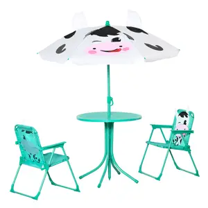 Kids Table and Chair Set, Outdoor Folding Garden Furniture, Picnic Table for Patio Backyard, with Removable & Height Adjustable Sun Umbrella, Aged 3-6 Years Old,White