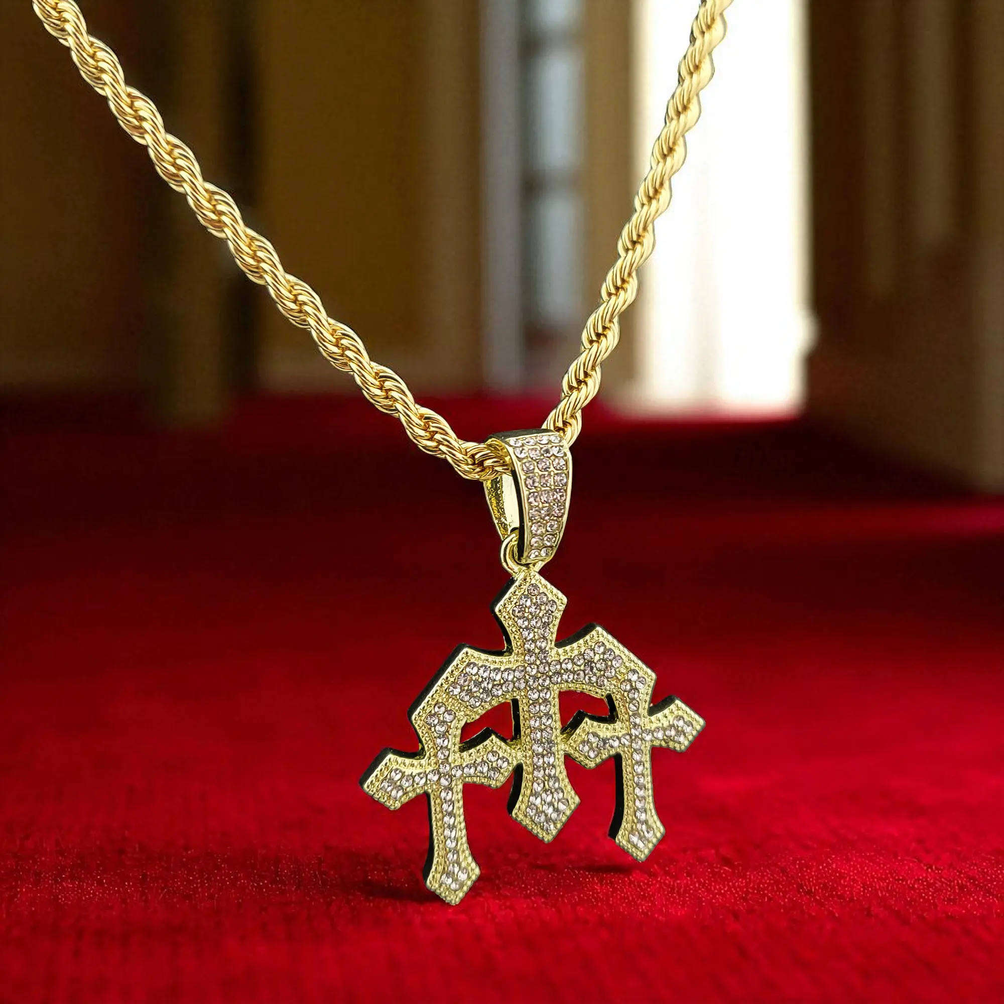 MaxBling81 Unisex Iced CZ Triple Cross Pendant Statement Necklace, 4mm 24in Gold/Silver-Plated Hip Hop Rope Chain Crucifix, Gold Tone Cross Textured Chain Accent Diamond Inspired Fashion Jewelry, Gold Tone Necklace, Cross Necklace