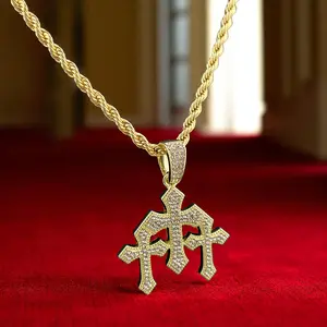 Triple Cross Iced CZ Unique Pendant & 4mm 24" Rope Chain Hip Hop Style Fashion Necklace - Gold, Silver Plated
