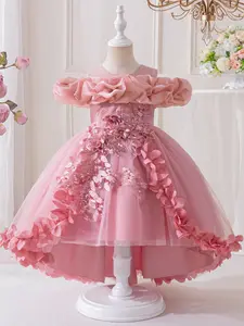 4-9Y Applique Kids Clothes Sequins Embroidered Beading Pink Flower Girls Frock Ball Gown Pageant Children Elegant Princess Prom Host Formal Evening Party Banquet Cocktail Dress Embroidered Tulle Dress