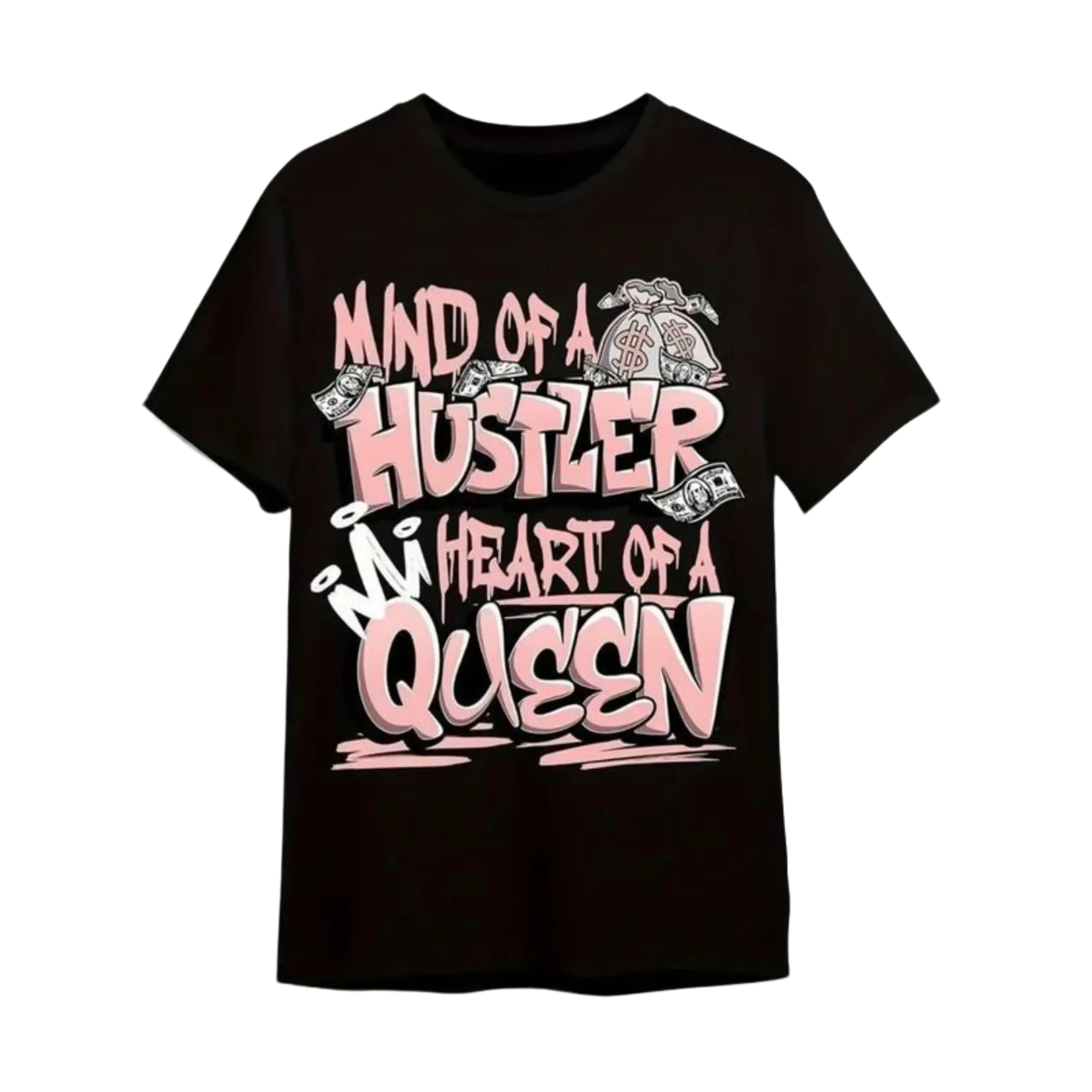 Unisex 100% Cotton Fitted Hustler Queen Slogan & Dollar Sign Design Crew Neck Short Sleeve Tee - Denim-Inspired, All Seasons, High-Definition Detailing, Cold Wash Safe, Black/White/Pink Casual Streetwear Sports Top for Men & Women, Print, Superior Crack-R