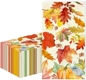 50-PK Fall Thanksgiving Paper Napkins: Disposable 3-Ply Guest Hand Towels with Pumpkin & Maple Leaf Design