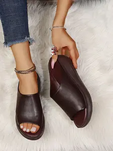 Women's Thick Sole Open Toe Sandals, Simple Design Comfortable Wear, Ladies Summer Footwear, Casual Style Slip-On Shoes, Leather Slide Sandals