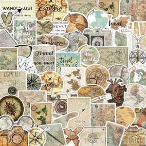 Vintage Travel Map Pattern Sticker, 50pcs Waterproof Self Adhesive Decor Paper, Decorative Decals for Gift Greeting Card Water Bottle Laptop Phone, Ornaments