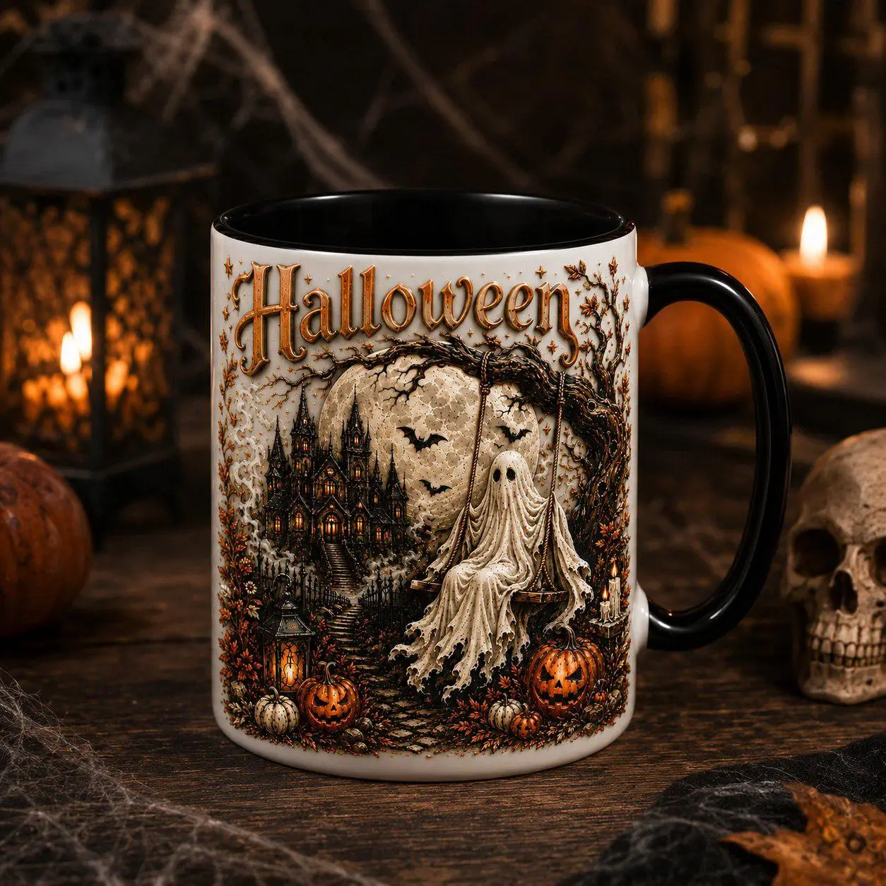 Halloween Ghost Mug, Haunted House Pumpkin Coffee Cup, Gothic Spooky Season Ceramic Mug, Fall Gift for Ghost Lovers