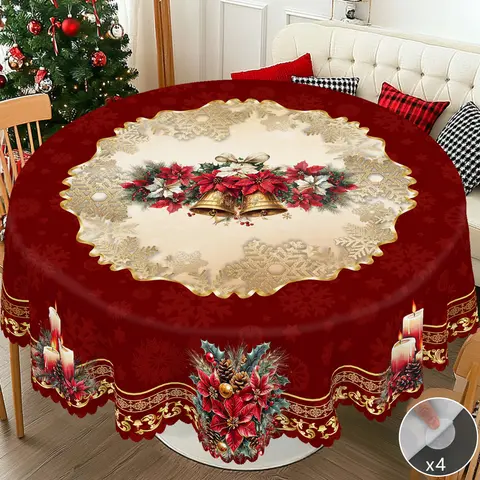 PLUMLIK Vintage Red Machine-Emboss Tacky Christmas Tablecloth with Floral Pattern, Christmas Decor, Rectangle/Round Daily Kitchen Table Cover, 2025 Holiday Party Decor for Indoor Use, Festive Home Gift