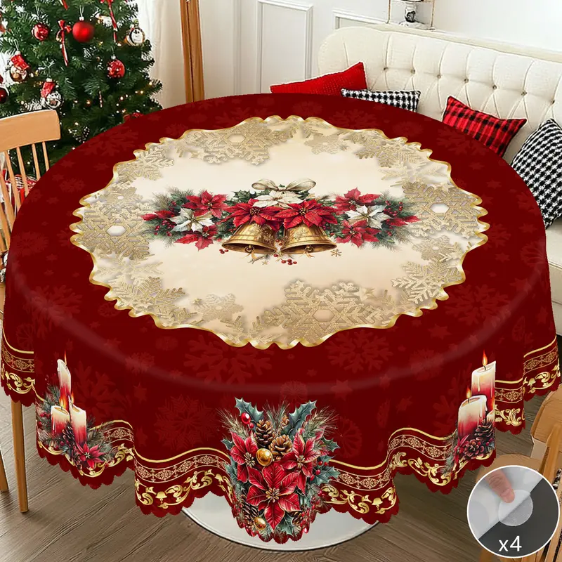 PLUMLIK Vintage Red Machine-Emboss Tacky Christmas Tablecloth with Floral Pattern, Christmas Decor, Rectangle/Round Daily Kitchen Table Cover, 2025 Holiday Party Decor for Indoor Use, Festive Home Gift