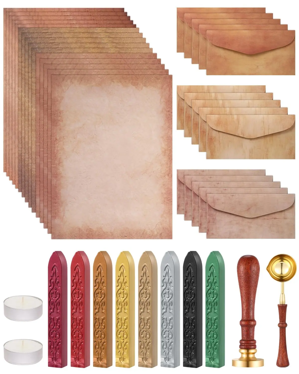 Nostalgic Vintage Aesthetic 42Pcs Stationery Paper and Envelopes Set - 15 Letter-Envelope Pairs, 8 Wax Seal Sticks, Wax Spoon, Life Tree Stamp, 2 Tea Candles for Journaling, Scrapbooking Supplies, Handwritten Letter Gifts
