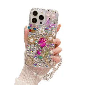 for Samsung A14 5G A15 A16 A17 A22 A42 A50 A52 A52S A53 A54 A55 A56 A36 A37 A57 Bling Case with Wrist Strap, Girls Women Luxury Sparkle Glitter Diamond Crystal Rhinestone Rose Flower Butterfly Case